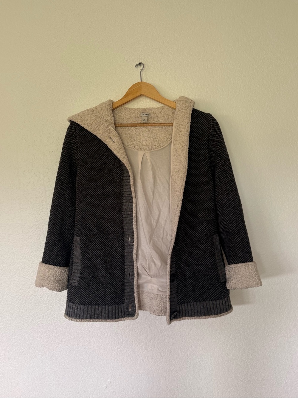 L.L. Bean Black and Cream Hooded Teddy-Lined Jacket